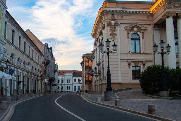 Buildings and an empty street in Oradea, Bihor County, Romania