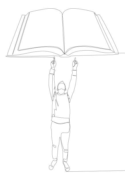 illustrazioni stock, clip art, cartoni animati e icone di tendenza di una linea continua di uomo che indica con il dito il libro. concetto vettoriale di illustrazione a linee sottili. disegno di contorni idee creative. - reading book men paperback