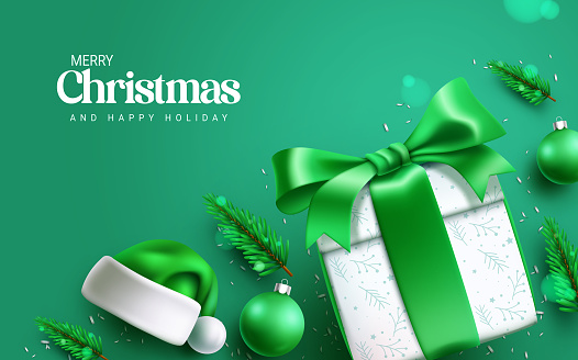 Merry christmas text vector design. Christmas gift box, santa hat, xmas balls and spruce in green elegant color for greeting card background. Vector illustration holiday season design.