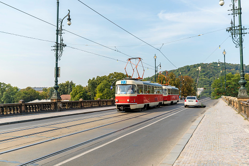 Prague, Czech Republic - August 25th, 2019: Legion Bridge and Tram in Prague