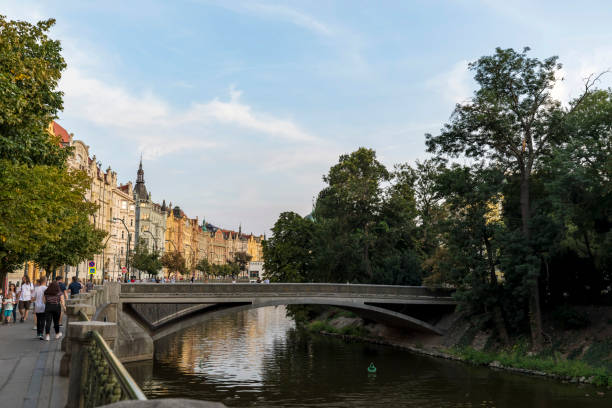 Prague, Czech Republic - August 26th, 2019: Old houses and Vltava river in Prague