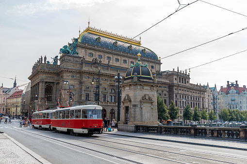 Prague, Czech Republic - August 25th, 2019: Legion Bridge, Tram and National Theatre in Prague