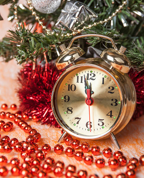 istock clock,Christmas beads on the background of decorated  trees 157099244