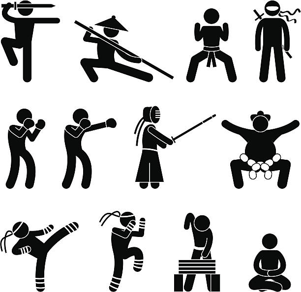 ilustrações de stock, clip art, desenhos animados e ícones de artes marciais pictograma - karate kickboxing martial arts silhouette