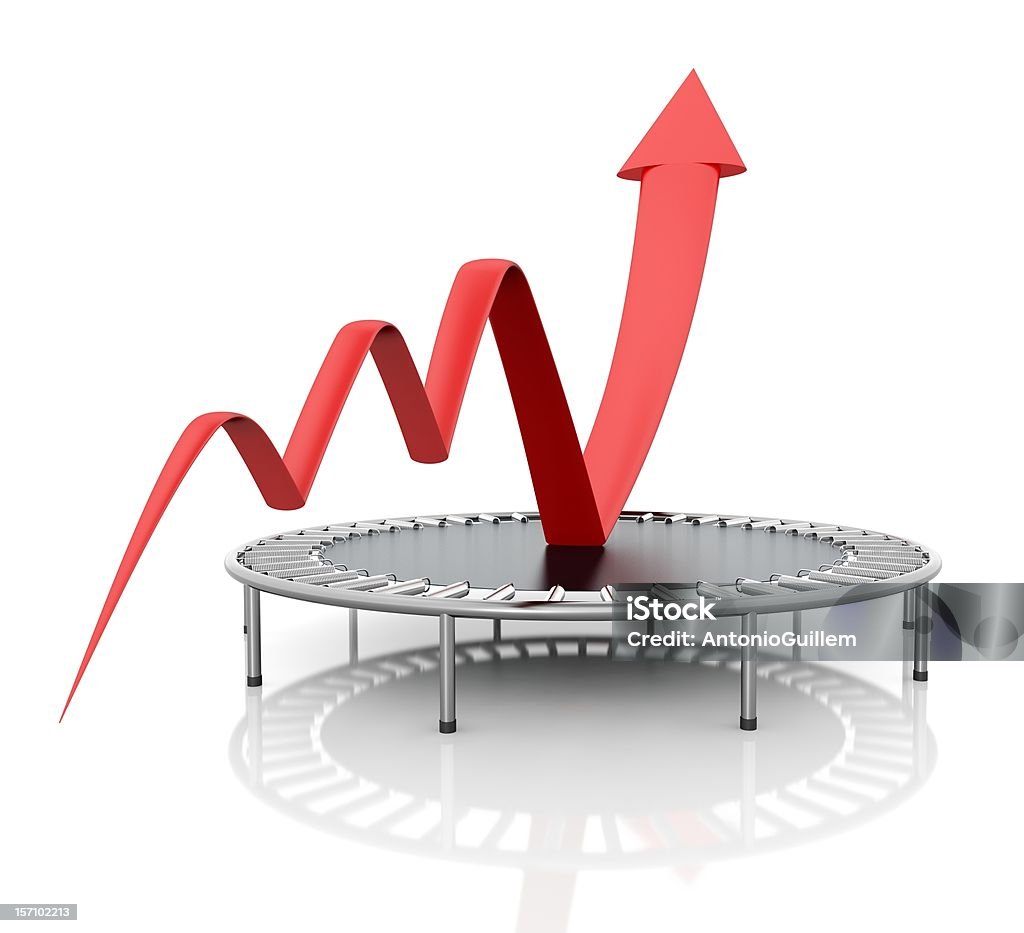 Business growth red graphic relaunched with a trampoline Business growth red graphic relaunched with a trampoline on a white isolated background. Company rescue. Abstract Stock Photo