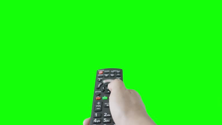 Man's Hand Pressing Button on Remote Control in Green Screen