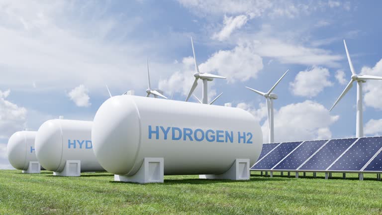 Hydrogen energy storage gas tank for clean electricity solar and wind turbine facility.