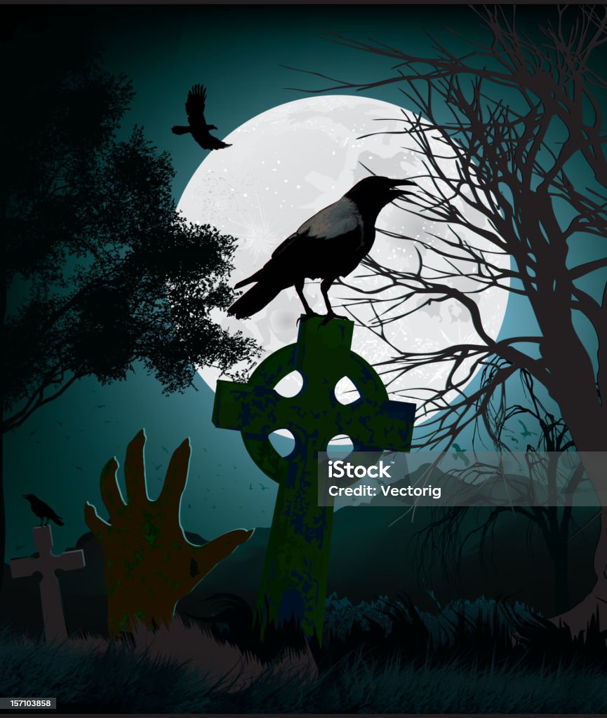 Zombie Hand Illustration of a Zombie Hand on a graveyard surrounded by crows. Halloween stock vector