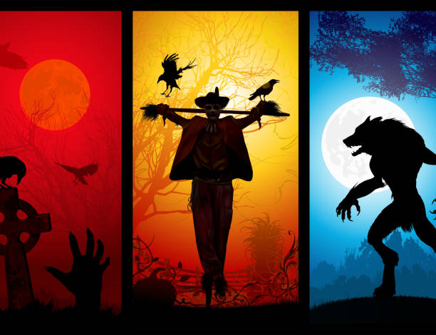 Halloween Theme Halloween Theme, File also contains tree separated eps and jpg illustrations. halloween scary scarecrow in autumn forest stock illustrations