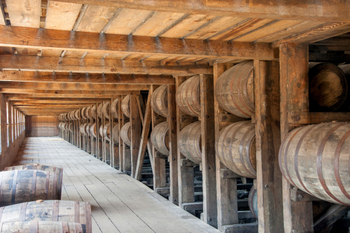 Whisky barrels on racks in the barrel house