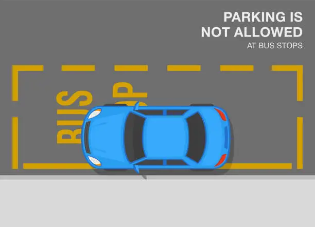 Vector illustration of Outdoor parking rules and tips. Top view of an incorrect parked car. Parking is not allowed at bus stops. British traffic regulation.