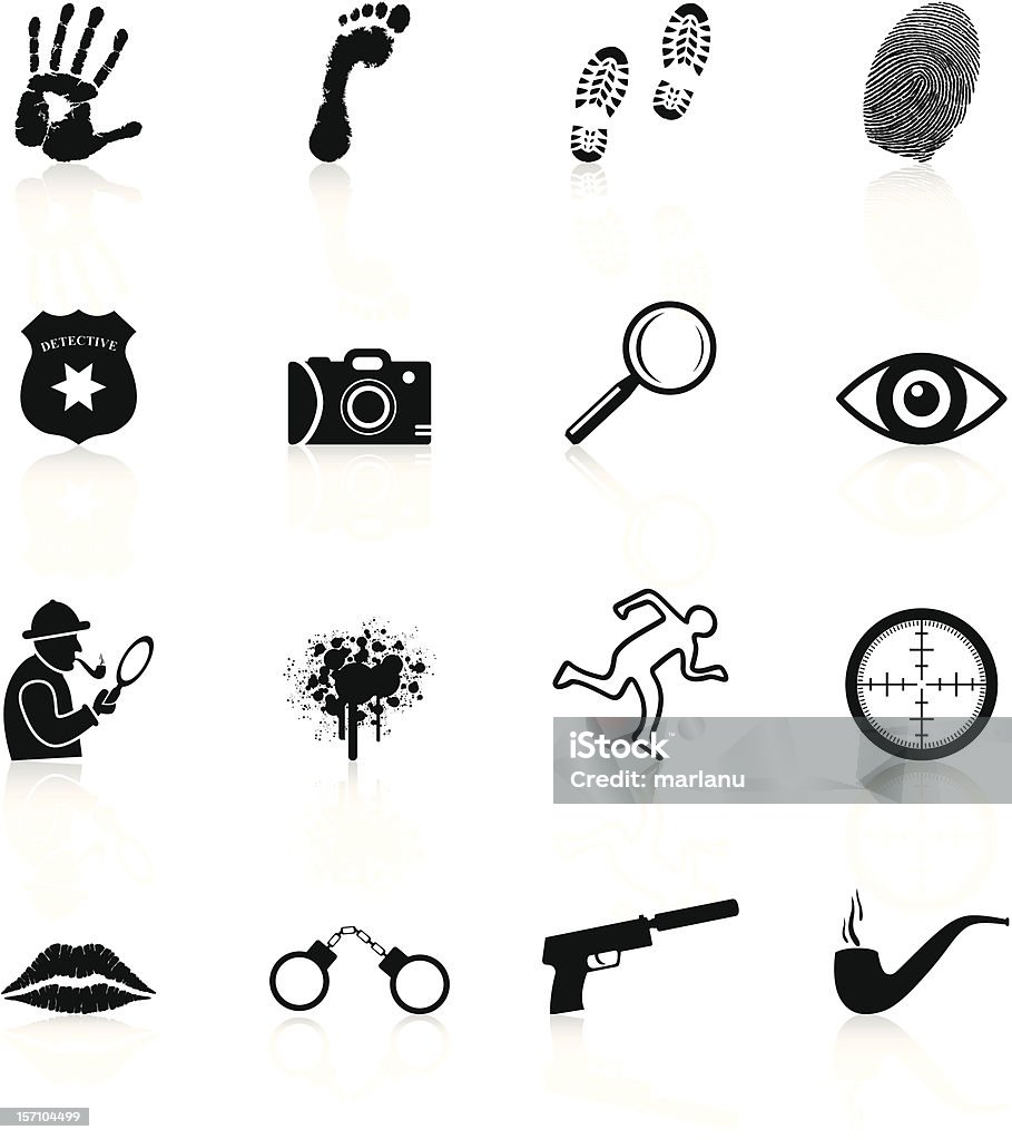 Detective Icons - Black Series Detective Icons. The reflections underneath were created using linear gradients. Each element is set on a different layer and is very easy for you to use and modify this elements.  Sherlock Holmes stock vector