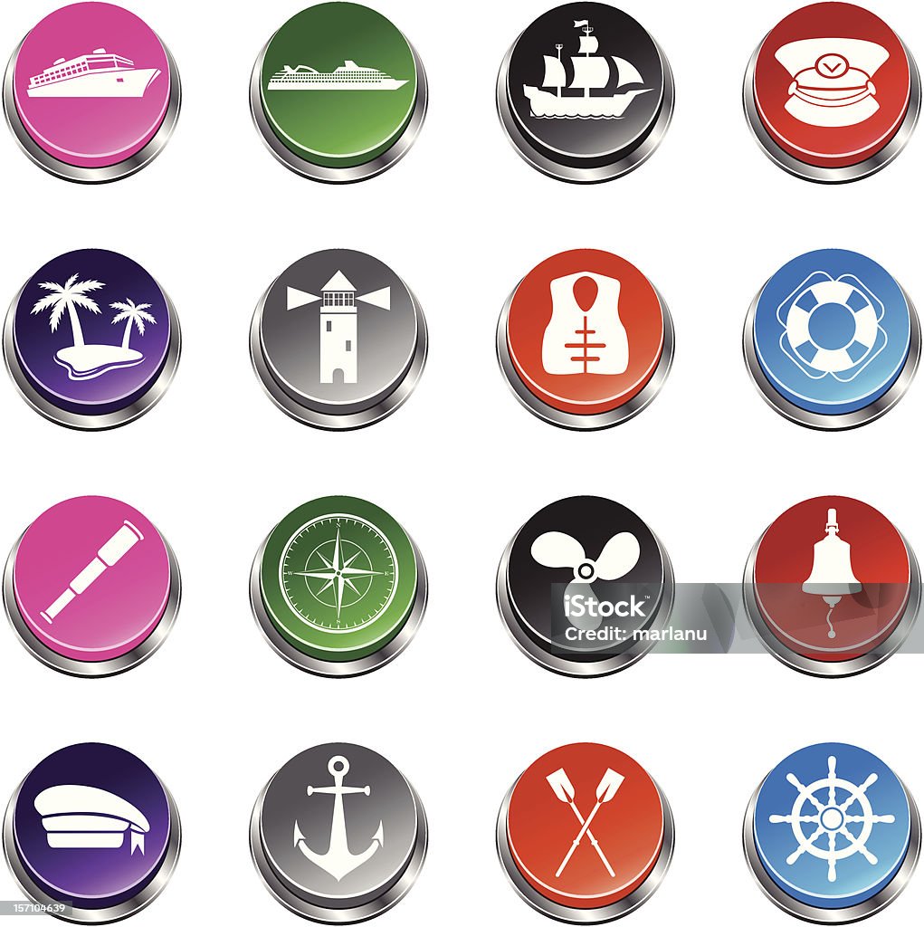 Sailing Icons - 3D Push Button Series Sailing symbols placed on 3D Push Button icons. Each icon is set on a different layer and is very easy for you to use and modify this elements. Anchor - Vessel Part stock vector