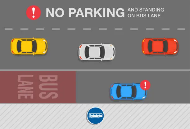 Vector illustration of Outdoor parking tips and rules. No parking and standing on bus lane warning design.