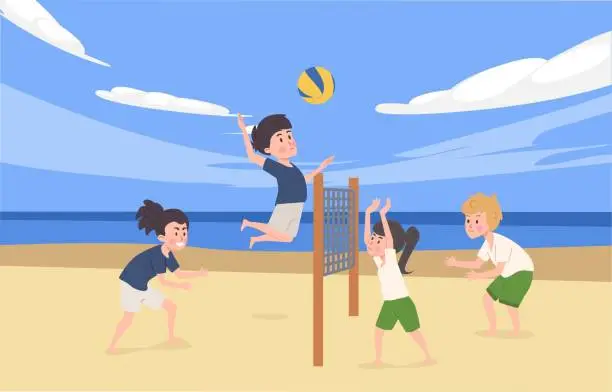 Vector illustration of Happy kids playing volleyball on beach scene flat style, vector illustration