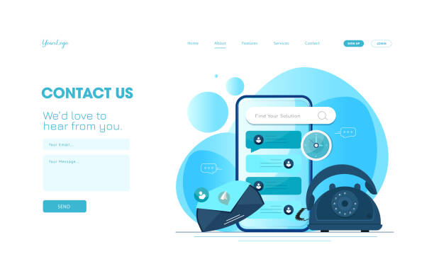 Contact us design for webpage Online customer and client care and support concept. Contact us template for web and landing page. stock illustration contact us blue stock illustrations