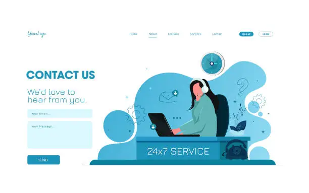 Vector illustration of Contact us. Support service. Landing page. Modern web pages for web sites.