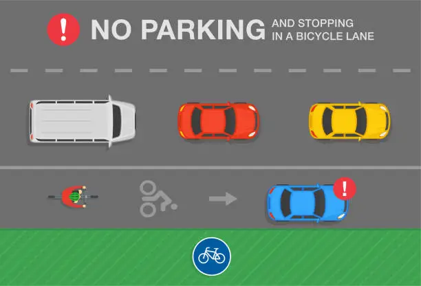 Vector illustration of Outdoor parking tips and rules. No parking and stopping in a bicycle lane warning design.