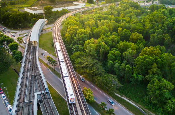 istock Drone view of  train on the railroad at sunrise. 1571060505