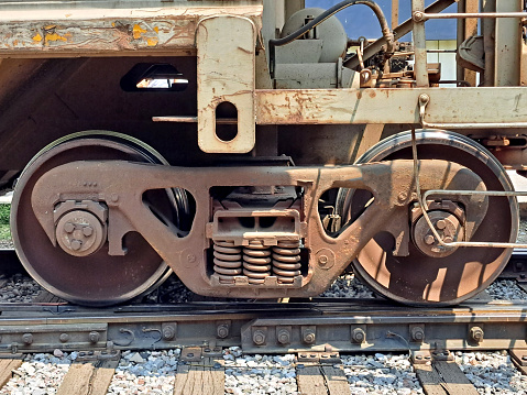 Railway wheels on rails, which support high loads rigidly coupled to the same axle, forming sets of wheels