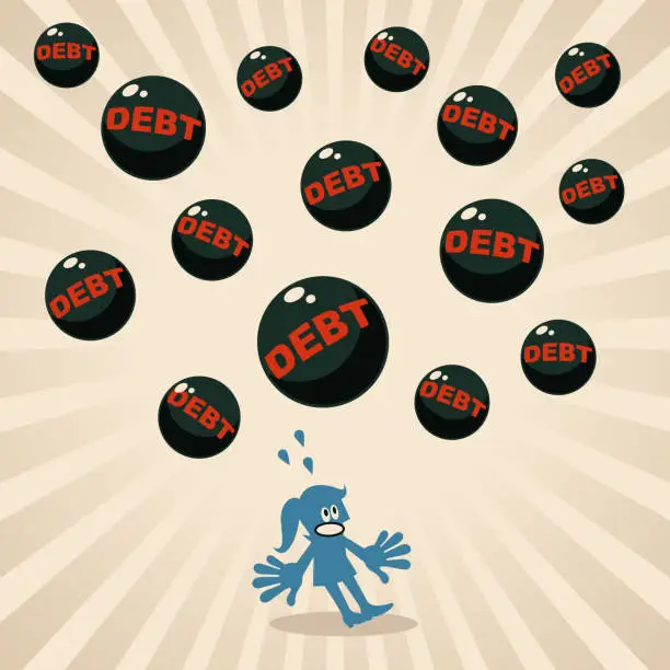 Vector illustration of A blue woman is frightened by a pile of debt-burdened iron balls falling from the sky,
a financial crisis, and an economic recession concept