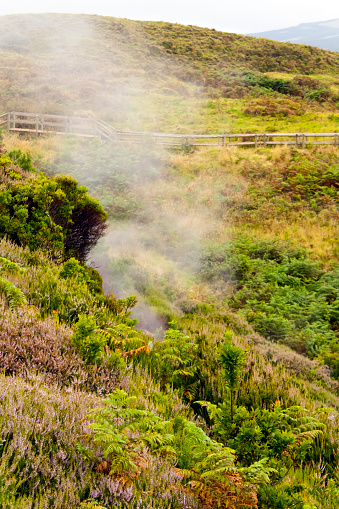 Furnas do Enxofre Steaming fumaroles, hiking trail in Terceira island, Azores archipelago.