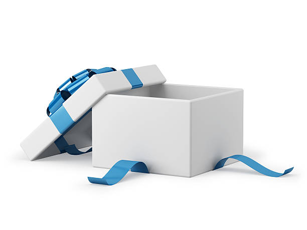 Gift box open with blue ribbon bow Gift box open with blue ribbon bow isolated on white present box stock pictures, royalty-free photos & images