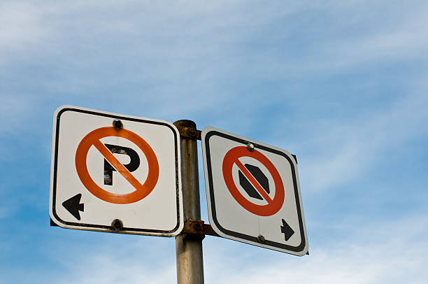 istock no parking stopping signs pole blue sky clouds arrows 157110857