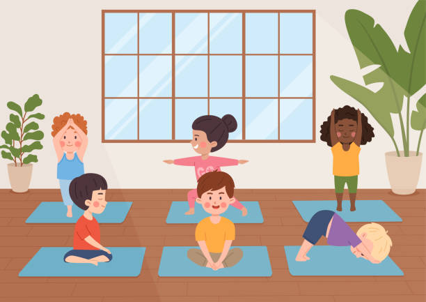 Yoga children class, cute girls and boys in yoga pose, happy little kids doing yoga healthy exercise vector illustration Yoga children class. Cute girls and boys in yoga poses. Happy little kids doing yoga exercise. Children healthy lifestyle poster. Vector illustration cartoon characters. Gymnastic, yoga and meditation gymnastics stretches stock illustrations