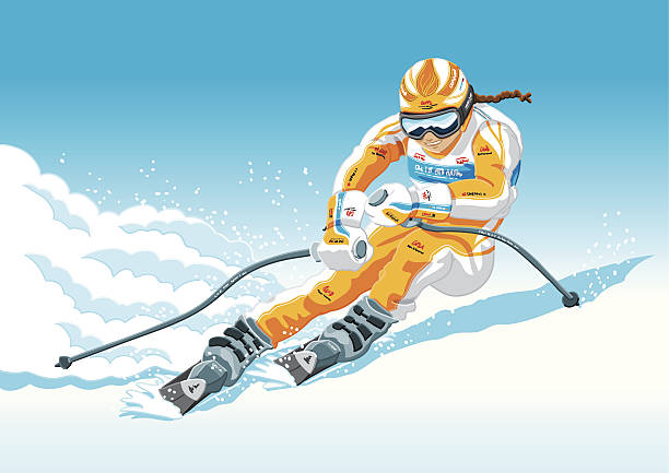 Female Downhill Skier Hand-drawn Vector Illustration of a female downhill skier. The illustration is on a separate layer, so you can use the illustration on your own background. The colors in the .eps-file are ready for print (CMYK). Included files: EPS (v8) and Hi-Res JPG. skier downhill stock illustrations