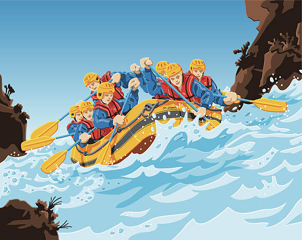 ilustraciones, imágenes clip art, dibujos animados e iconos de stock de rafting acción - sports team sport rowing teamwork rafting
