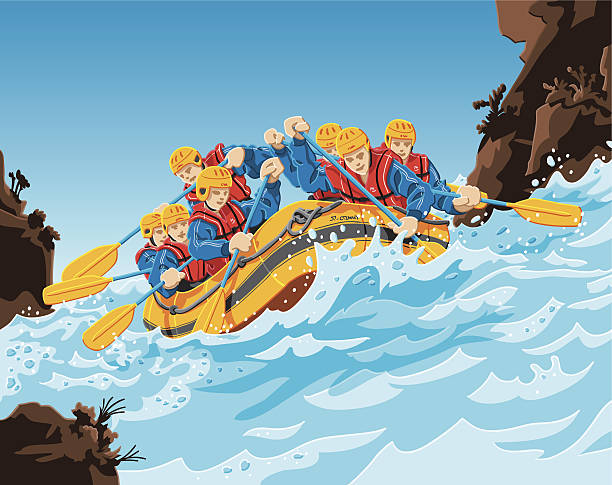 뗏목 조치 - rafting white water rafting water sport cooperation stock illustrations