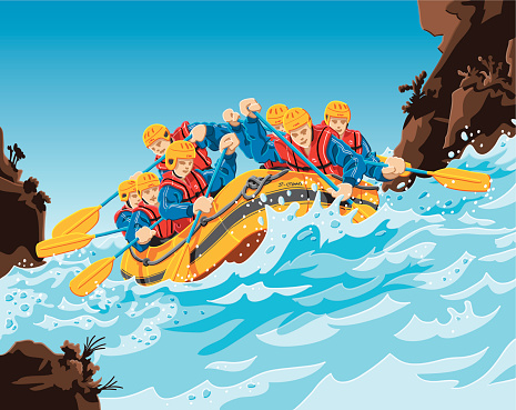 Illustration of a group of people, who are doing a rafting trip. The colors in the .eps-file are ready for print (CMYK). Included files: EPS (v8) and Hi-Res JPG.
