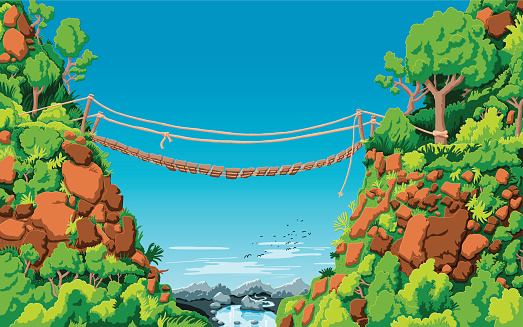 Hand-drawn Vector Illustration of a fictional landscape with a rope bridge over a gully. The sky is on a separate layer. The colors in the .eps-file are ready for print (CMYK). Included files: EPS (v8) and Hi-Res JPG.