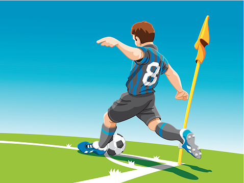 Vector Illustration of a soccer player, who kicks the ball from the corner. Soccer player, floor and sky are on separate layers. The colors in the .eps-file are ready for print (CMYK). Included files: EPS (v8) and Hi-Res JPG.