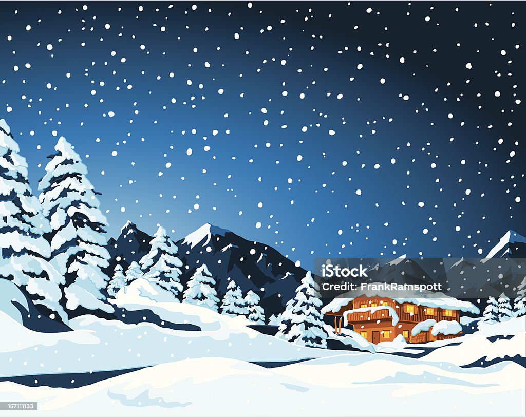 Winter Landscape and Cabin Hand-drawn Vector Illustration of a fictional winter landscape with a mountain shelter. Sky, landscape and snow are on different layers, so you could easily use the image also without snowfall, for example. The colors in the .eps-file are ready for print (CMYK). Included files: EPS (v8) and Hi-Res JPG. Snow stock vector