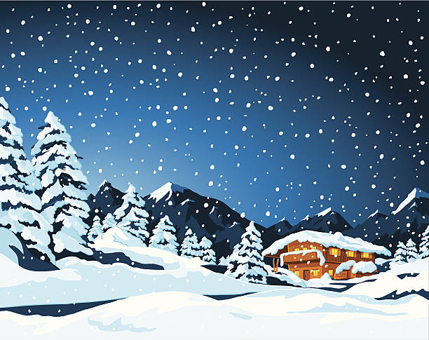 Winter Landscape and Cabin Hand-drawn Vector Illustration of a fictional winter landscape with a mountain shelter. Sky, landscape and snow are on different layers, so you could easily use the image also without snowfall, for example. The colors in the .eps-file are ready for print (CMYK). Included files: EPS (v8) and Hi-Res JPG. all vocabulary stock illustrations