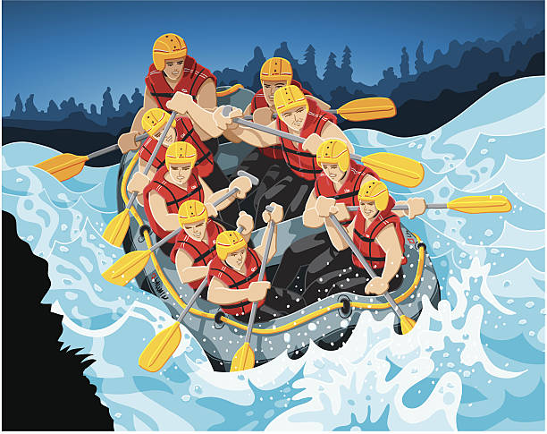 illustrazioni stock, clip art, cartoni animati e icone di tendenza di rafting sulle rapide - inflatable raft illustrations