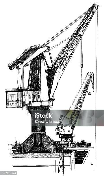 Dois Guindastes De Porto - Arte vetorial de stock e mais imagens de Alto - Descrição Física - Alto - Descrição Física, Cabo de Aço, Cantoneira