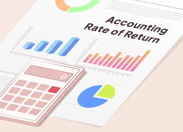 Vector illustration of Accounting Rate of Return, ARR - investment ROI formula. Evaluates returns relative to initial cost, not factoring time value or cash flows. Vector illustration