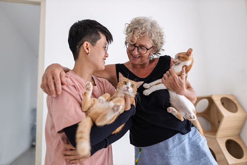 Two animal rescue volunteers of different generations and ethnicities hugging and holding cats at Homeless and Disabled Pet Shelter in Hanoi, Vietnam