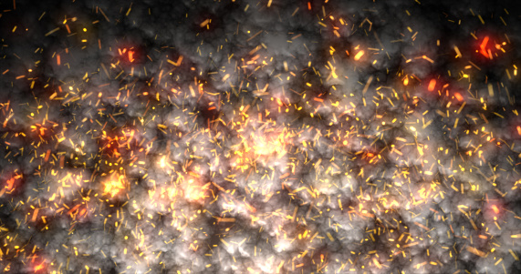 Abstract gray glowing smoke from a campfire and flying bright sparks background.