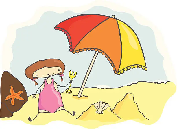 Vector illustration of Little girl on the beach