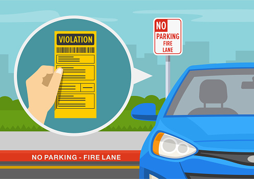 Hand holding yellow violation ticket. Traffic or road rule. Don't park your car in a fire lane warning. Close-up view of a blue car on no parking area. Flat vector illustration template.