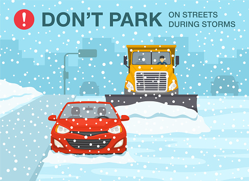 Outdoor parking tips and rules. Do not park your car on streets during storms. Snow plow truck is clearing snow away on winter road. Flat vector illustration template.