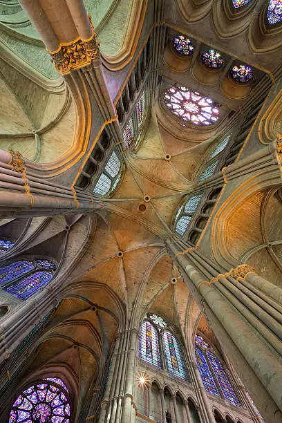 Amazing perspective of Reims Cathedral vault (38 m high) and its beautiful stained glasses. In this wonderful Roman Catholic cathedral, which celebrated its 800th anniversary in 2011, the kings of France were once crowned.