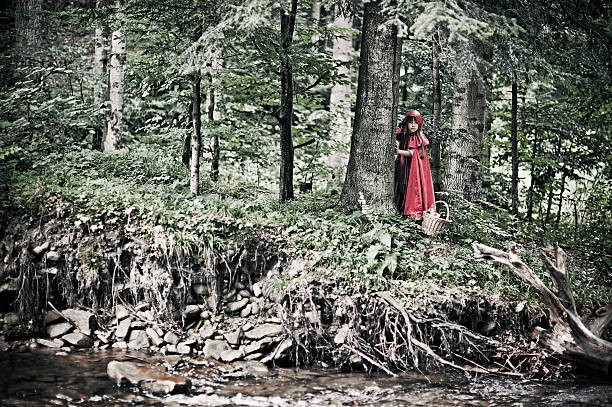 Scared Little Red Riding Hood in the forest by the stream.