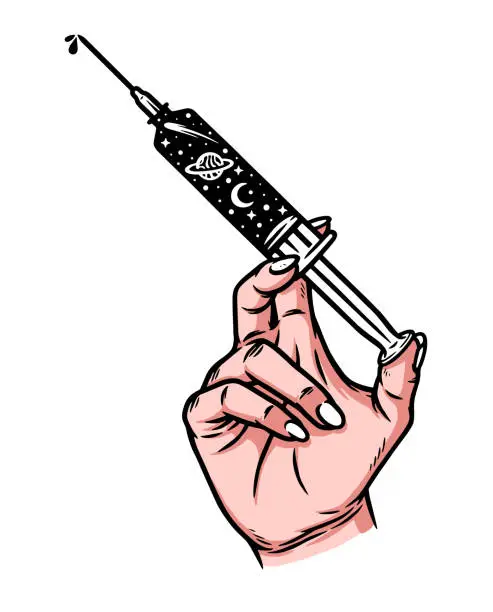 Vector illustration of hand holding an injection with galaxy fluid