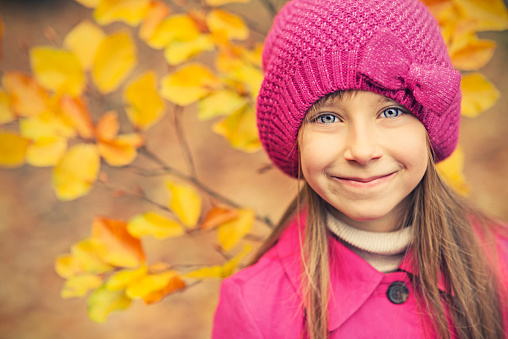Autumn Portrait of a beautiful little girl, dressed in pink.