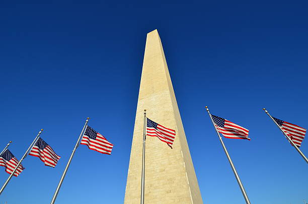 istock Washington Monument with United States flags 157115821